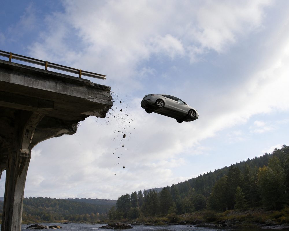 A car leaving a collapsed bridge deck &mdash; the kind of sudden accident auto coverage is built for