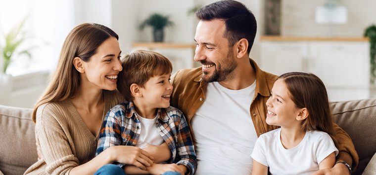 A family relaxing together on the couch at home