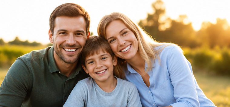 Parents and their son together outdoors at golden hour