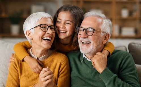 Grandparents laughing with their granddaughter at home