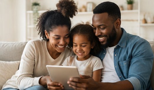 Parents and their daughter looking at a tablet together