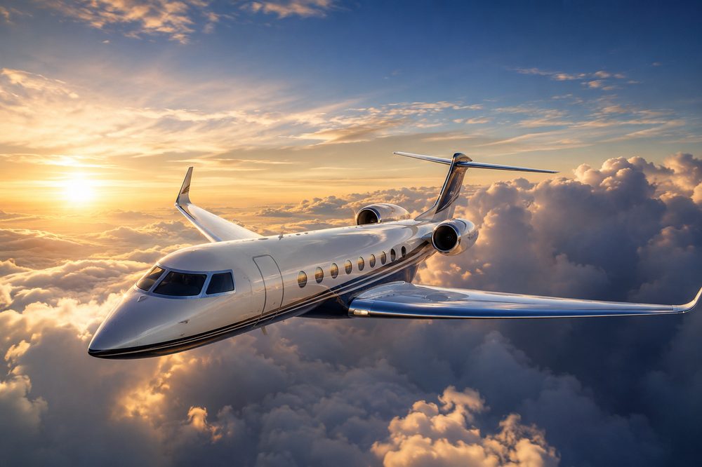 A private jet cruising above the clouds at sunset &mdash; fully funded plans are the fully catered, hands-off option