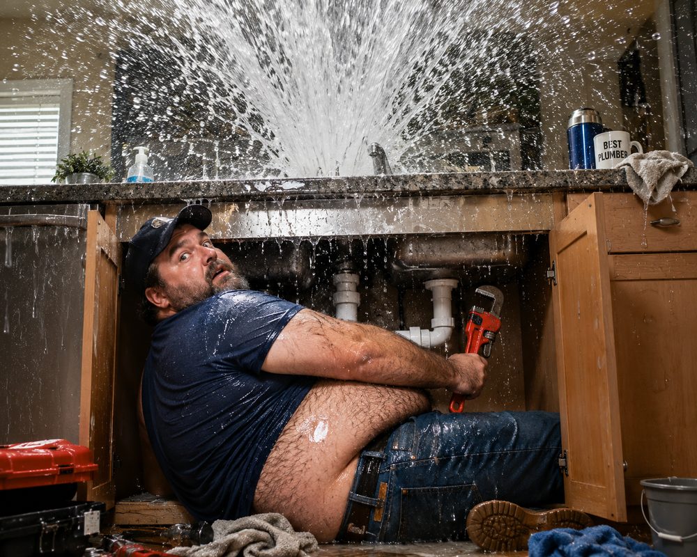 A plumber wrestling with a burst pipe spraying water beneath a sink &mdash; a common homeowners water-damage claim