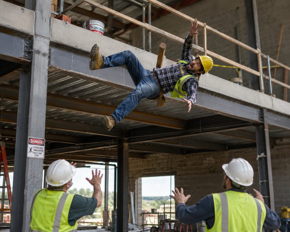 A construction worker falling from a steel beam as two coworkers rush toward him &mdash; the workplace injuries workers' compensation covers